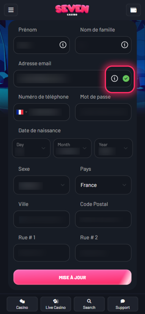 Veuillez confirmer l'e-mail dans votre compte personnel Seven Casino.