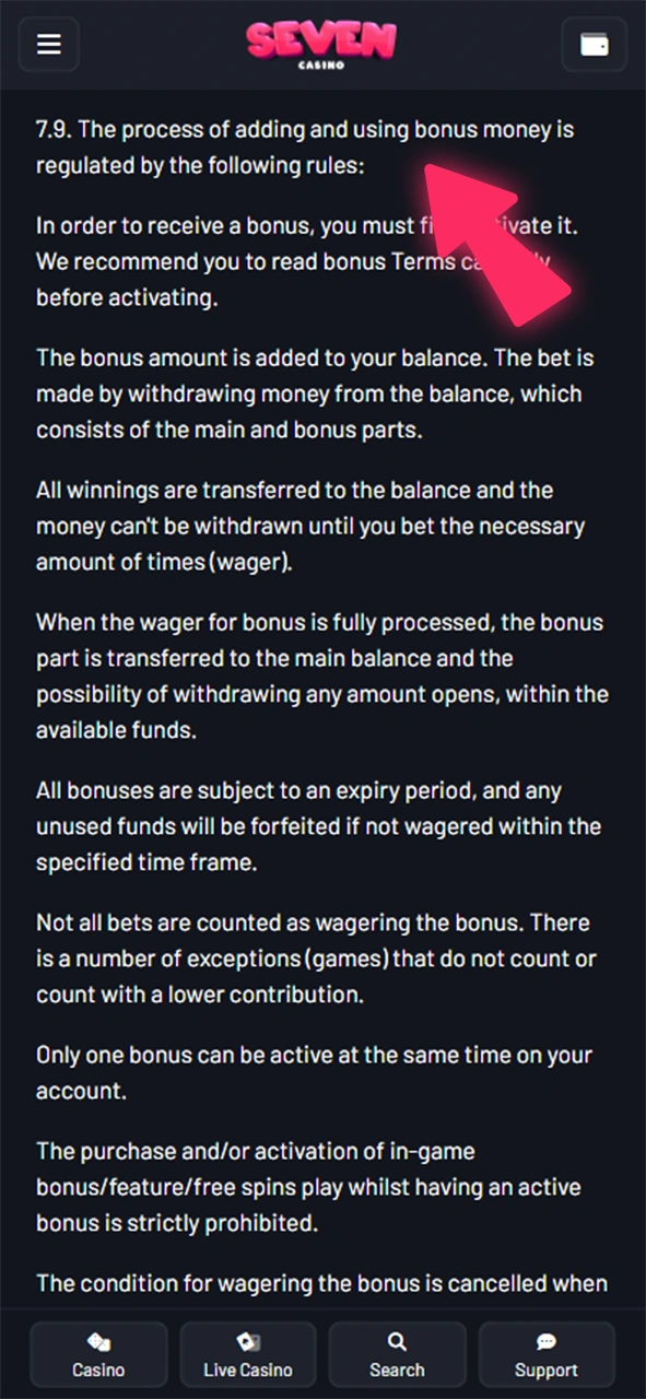 Veuillez lire le règlement sur la page Termes et conditions (T&C) du Seven Casino.