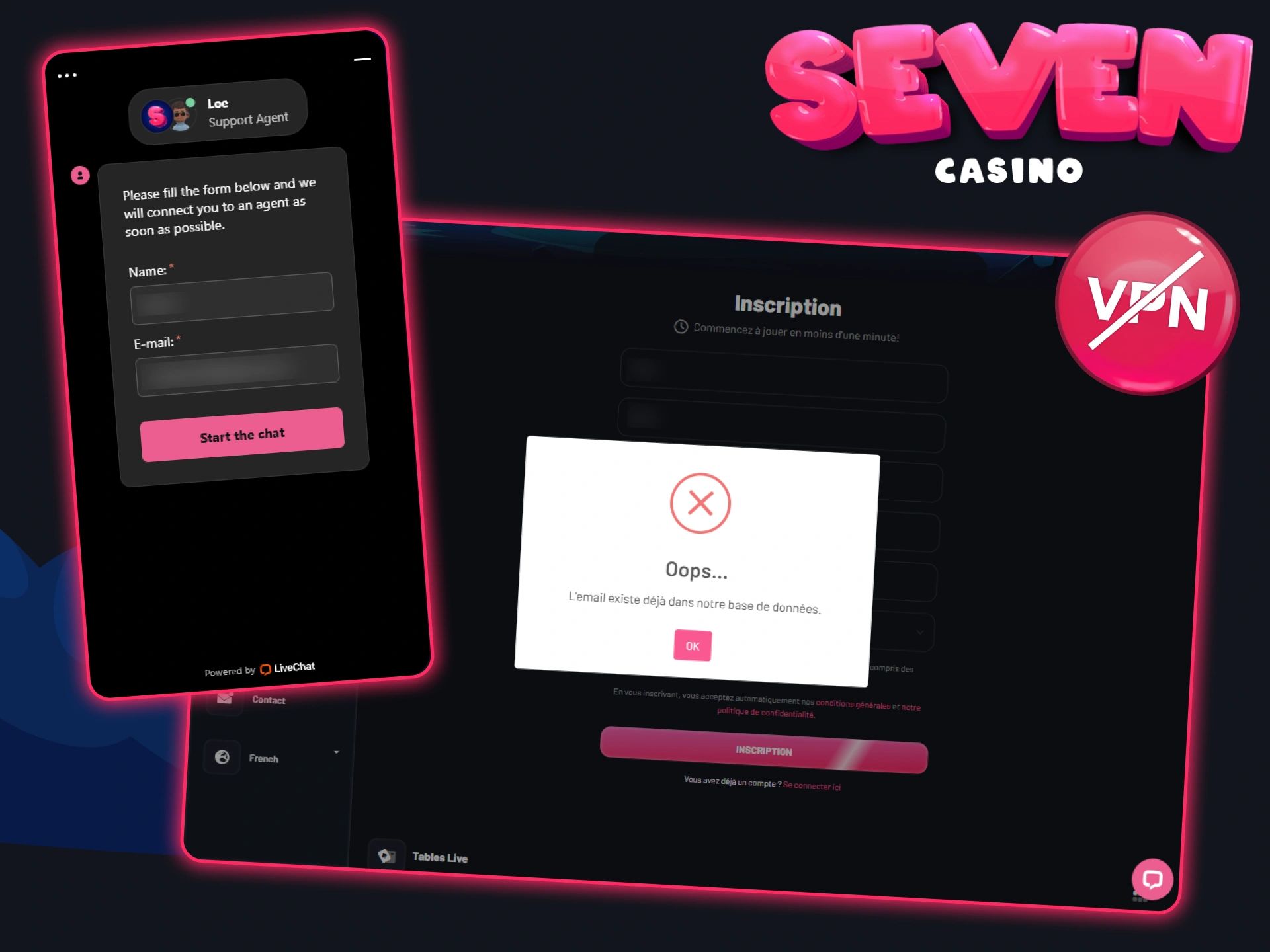 Si vous rencontrez des problèmes lors de votre inscription, veuillez vérifier vos informations et contacter le service client de Seven Casino.