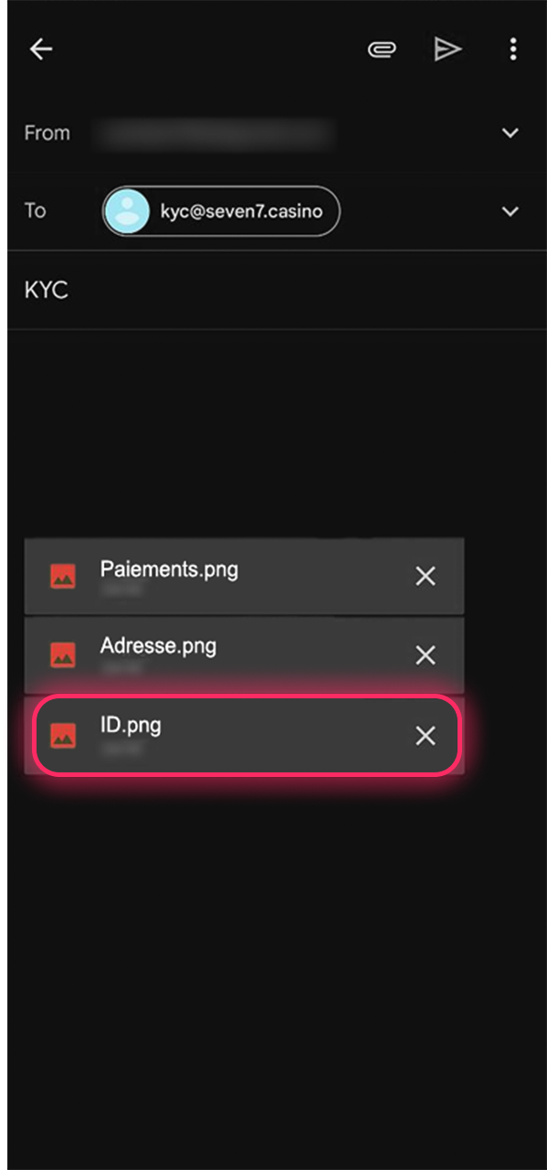 Veuillez envoyer un courriel à Seven Casino pour confirmer votre identité, en joignant une photo nette de votre pièce d'identité.