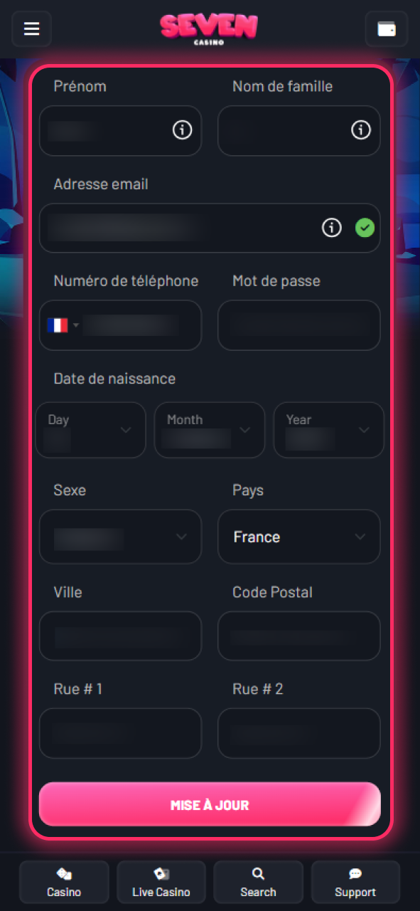 Remplissez les informations sur votre page de profil Seven Casino.