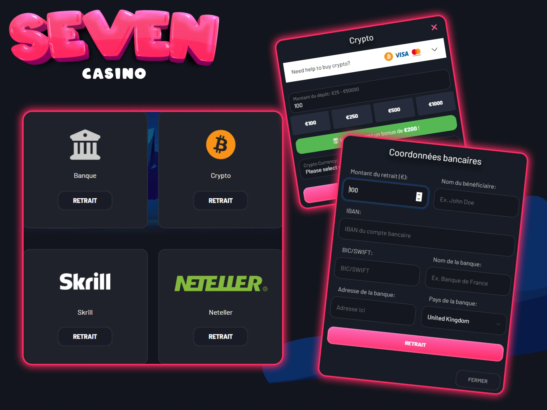 Déposez et retirez des fonds de Seven Casino en utilisant la méthode qui vous convient le mieux.