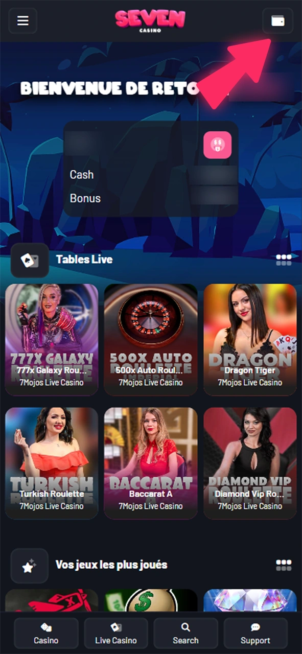 Connectez-vous à votre compte Seven Casino et cliquez sur l'icône du portefeuille.