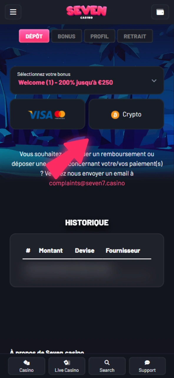 Choisissez un mode de dépôt pour votre compte Seven Casino.