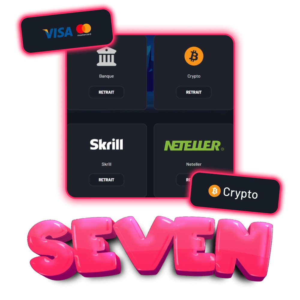 Effectuez un dépôt et retirez vos gains au Seven Casino en utilisant la méthode qui vous convient le mieux.