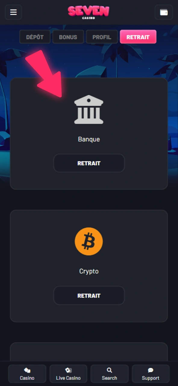 Choisissez votre méthode préférée pour retirer les fonds de votre compte Seven Casino.