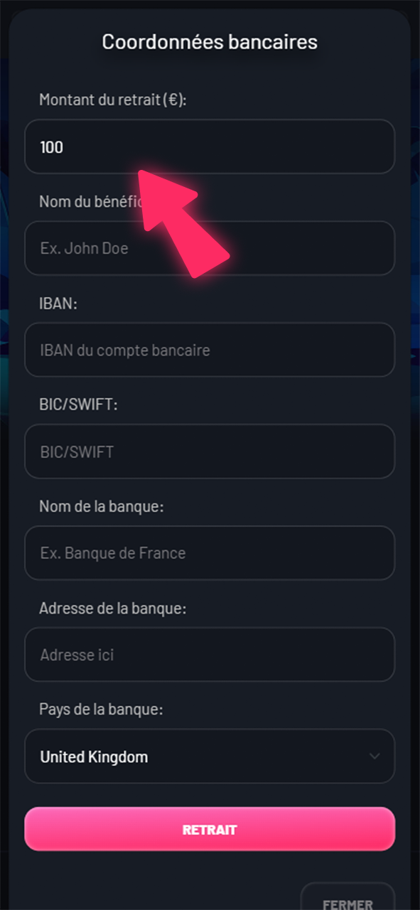 Saisissez le montant et remplissez le formulaire pour retirer des fonds de votre compte Seven Casino.