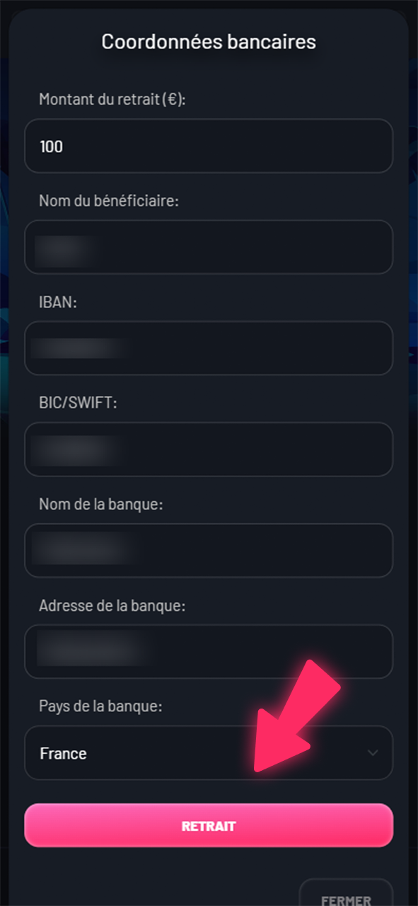 Veuillez confirmer la soumission du formulaire de retrait pour votre compte Seven Casino.