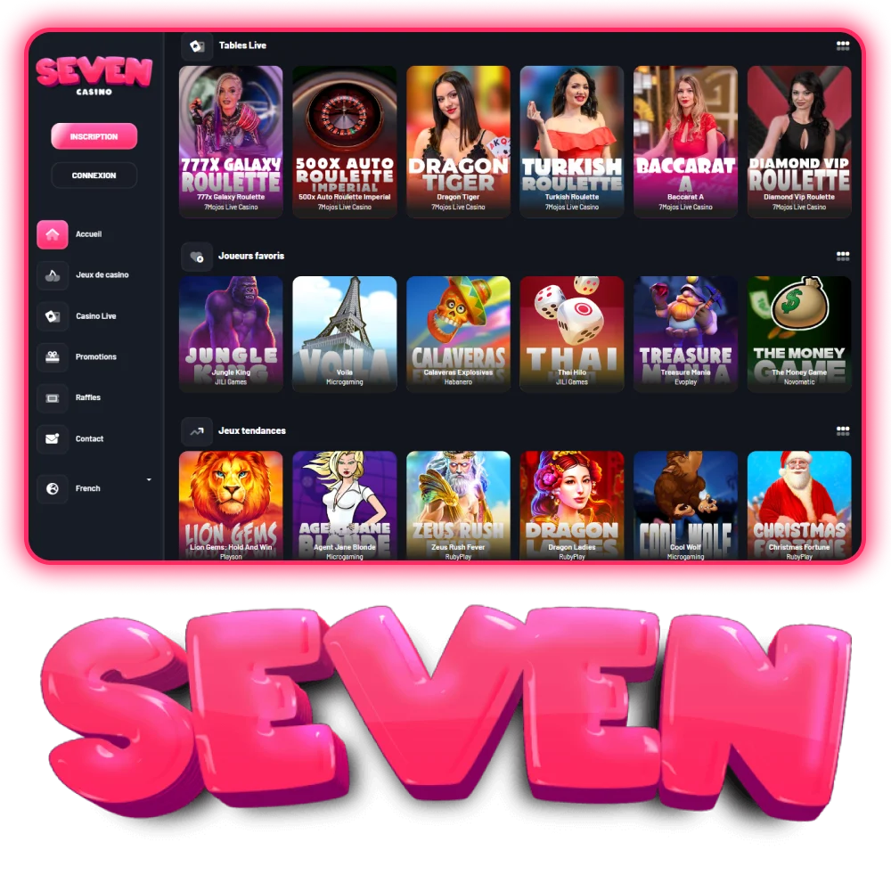 Seven Casino – plateforme de paris sportifs et de casino, avec applications pour iOS/Android, bonus jusqu'à 7500€ et 10% de cashback.