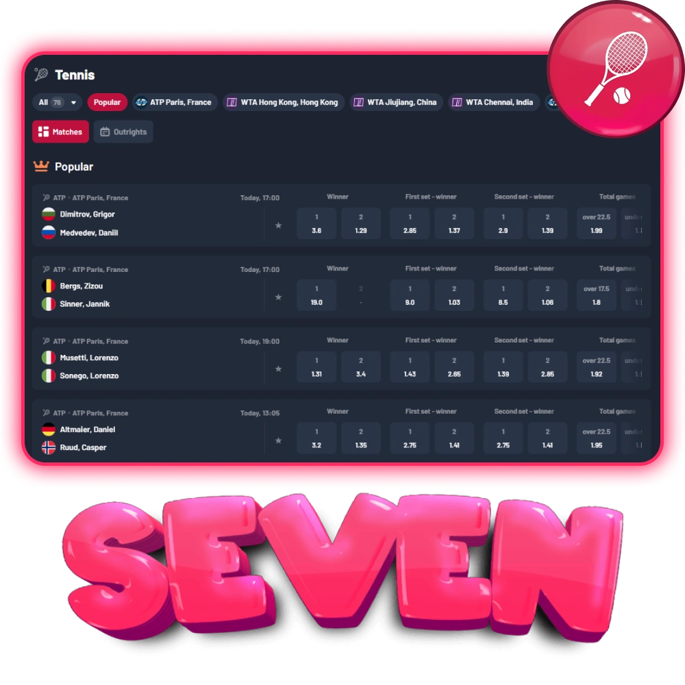 Placez vos paris sur les matchs de tennis en ligne depuis tous vos appareils, sur le site officiel ou via l'application Seven Casino.